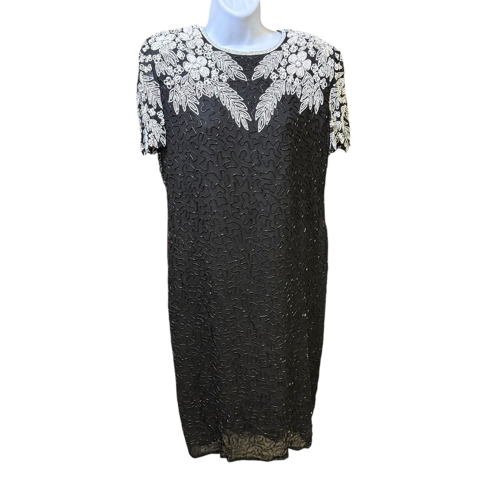 Vintage Beaded Dress Black‎ Silk Party Cocktail Dress Open Back M